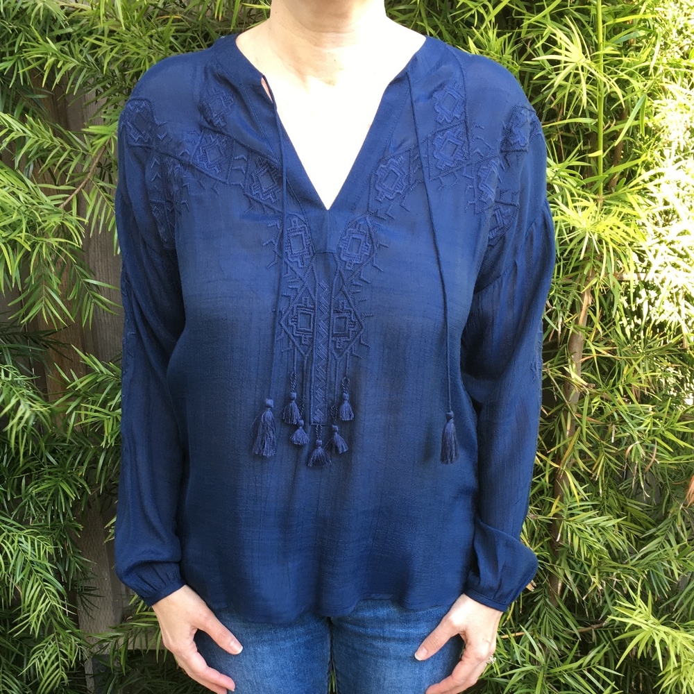 lovestitch Navy Blue Embroidered Tasel Blouse